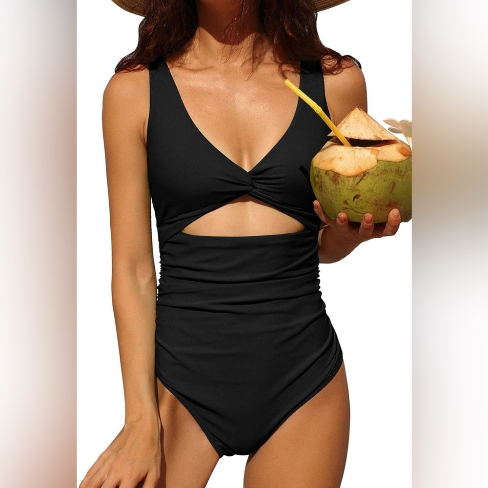 CHARMO Women’s Black One Piece Swimsuit Twist Front Cut Out Tummy Control NWT M